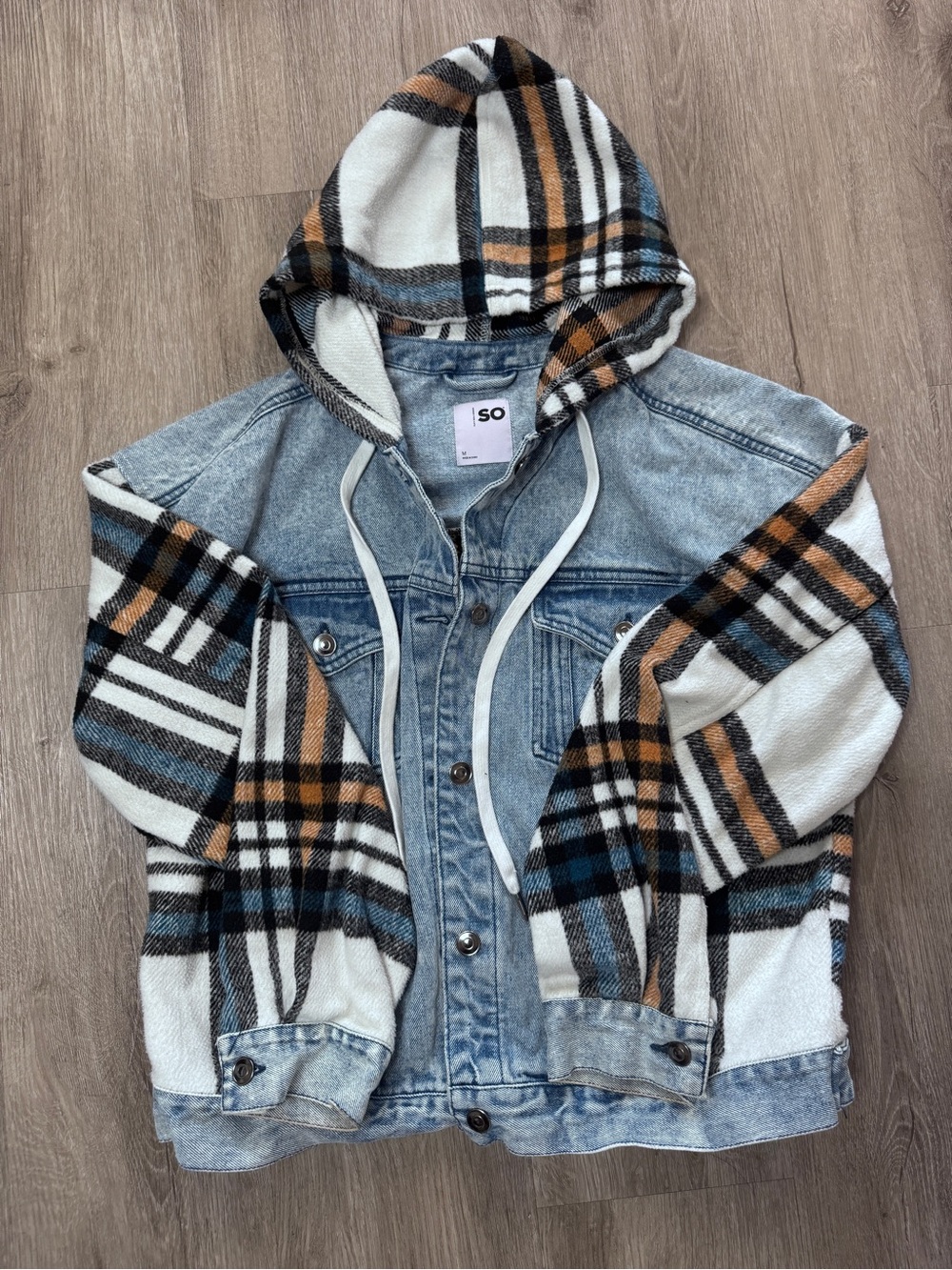 SO Hooded Denim Jacket with Plaid Sleeves - White, Black & Tan